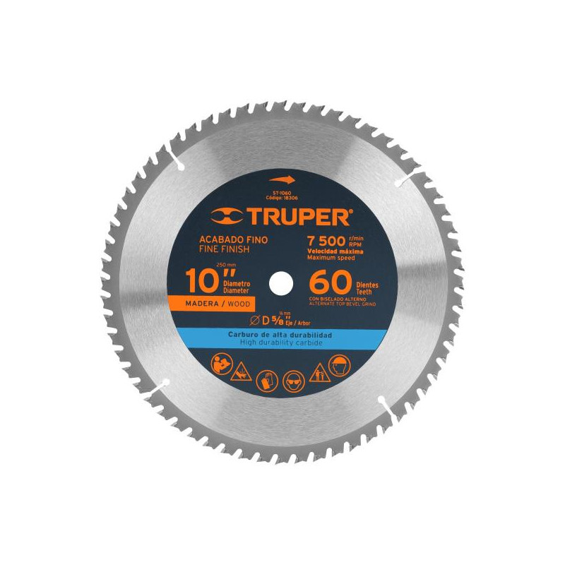 Discos Sierra para Madera 10" Centro 5/8", 60 Dientes de carburo de tungsteno, ST-1060 18306 Truper 38.983051 Discos Sierra par