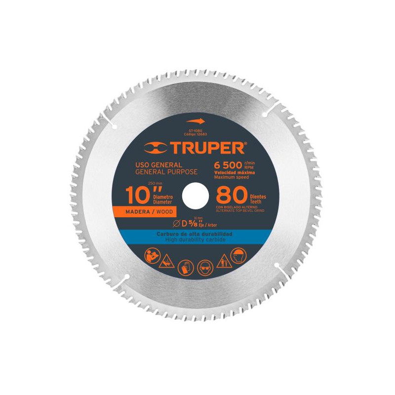  Discos Sierra para Madera 10" Centro 5/8", 80 Dientes de carburo de tungsteno, ST-1080 12683 Truper 49.152542 Discos Sierra par