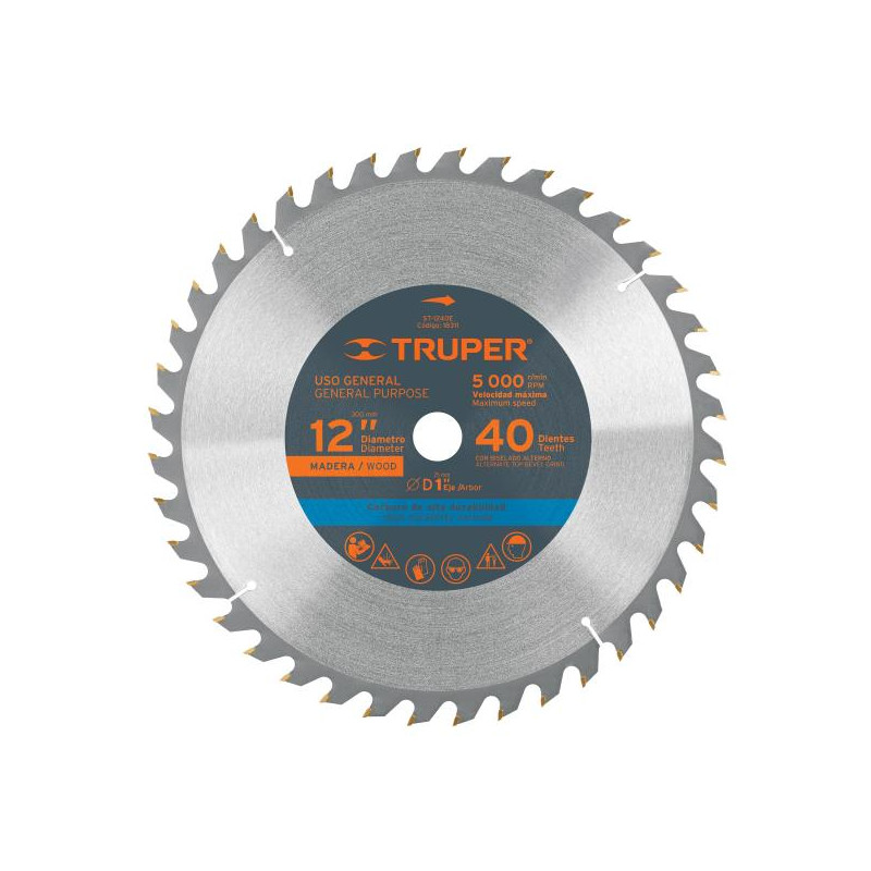  Discos Sierra para Madera 12" Centro 1", 40 Dientes de carburo de tungsteno, ST-1240E 18311 Truper 49.152542 Discos Sierra para