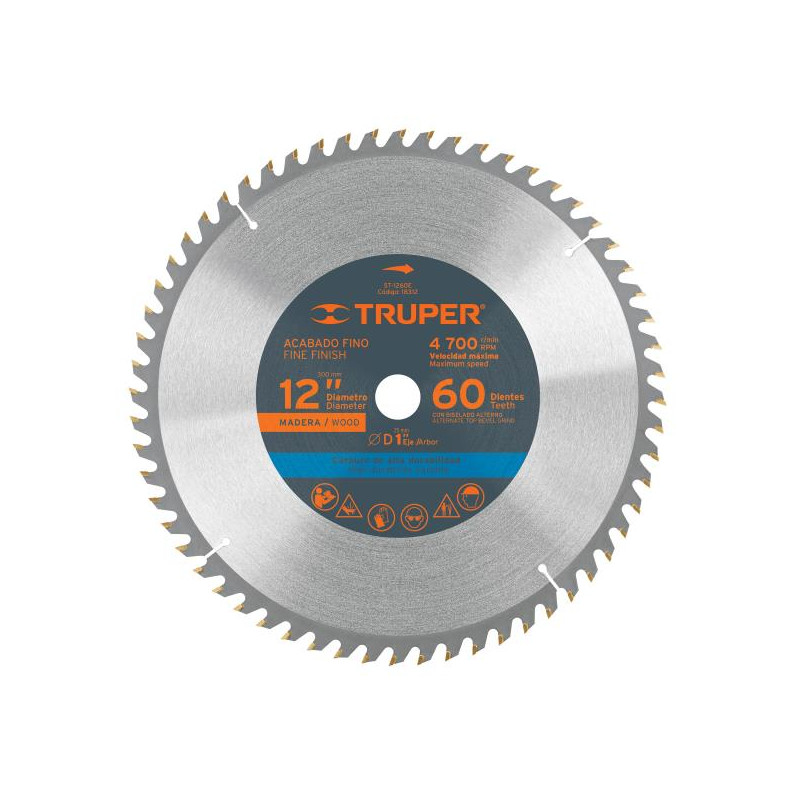  Discos Sierra para Madera 12" Centro 1", 60 Dientes de carburo de tungsteno, ST-1260E 18312 Truper 58.474576 Discos Sierra para