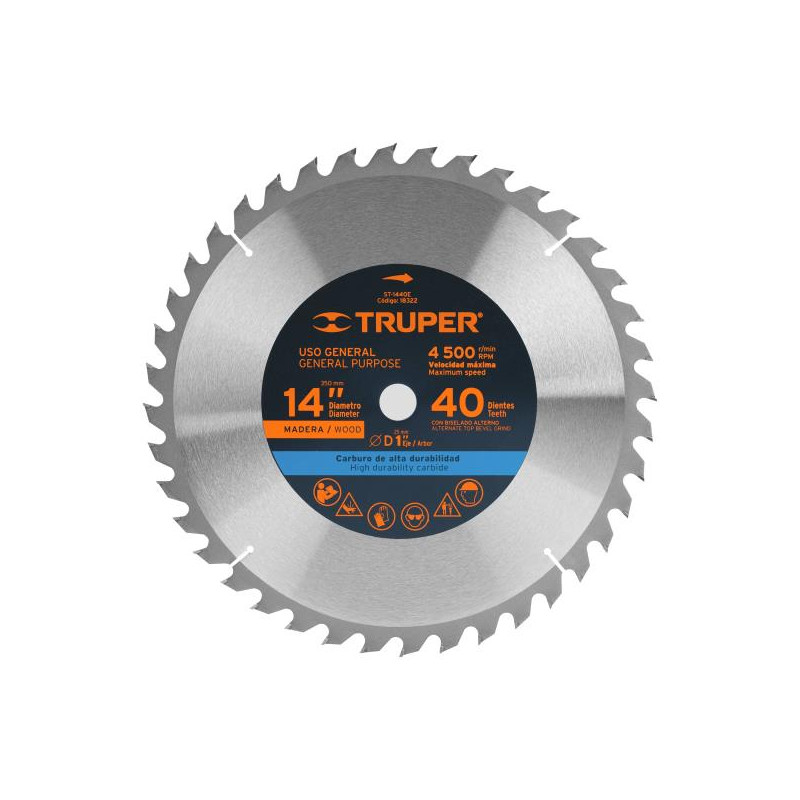  Discos Sierra para Madera 14" Centro 1", 40 Dientes de carburo de tungsteno, ST-1440E 18322 Truper 98.305085 Discos Sierra para