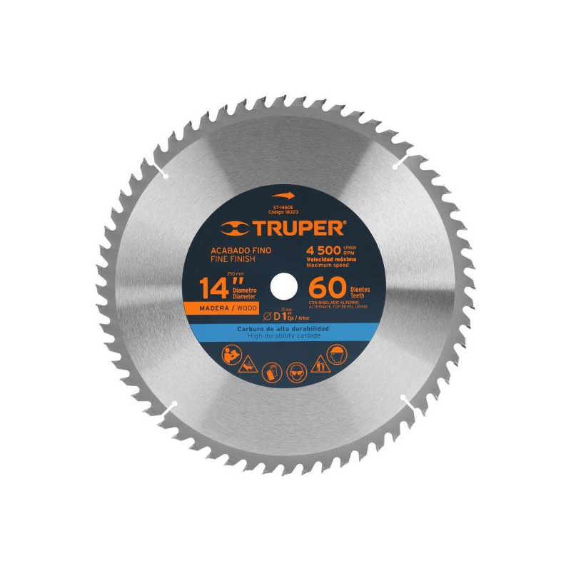  Discos Sierra para Madera 14" Centro 1", 60 Dientes de carburo de tungsteno, ST-1460E 18323 Truper 108.474576 Discos Sierra par