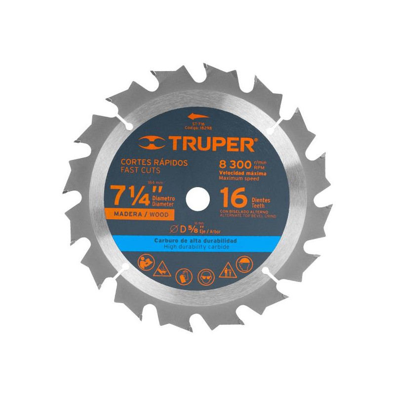 Discos Sierra para Madera 7 1/4" Centro 5/8", 16 Dientes de carburo de tungsteno, ST-716 18298 Truper 14.915254 Discos Sierra p Discos Sierra para Madera 7 1/4" Centro 5/8", 16 Dientes de carburo de tungsteno, ST-716 18298 Truper 14.915254 Discos Sierra p