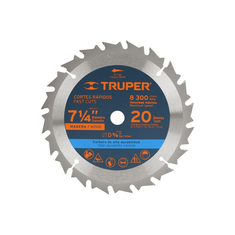  Discos Sierra para Madera 7 1/4" Centro 5/8", 20 Dientes de carburo de tungsteno, ST-720 18299 Truper 16.949153 Discos Sierra p