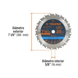  Discos Sierra para Madera 7 1/4" Centro 5/8", 20 Dientes de carburo de tungsteno, ST-720 18299 Truper 16.949153 Discos Sierra p