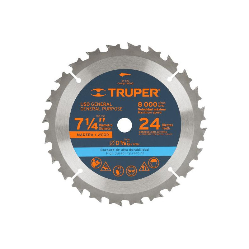  Discos Sierra para Madera 7 1/4" Centro 5/8", 24 Dientes de carburo de tungsteno, ST-724 18300 Truper 19.491525 Discos Sierra p