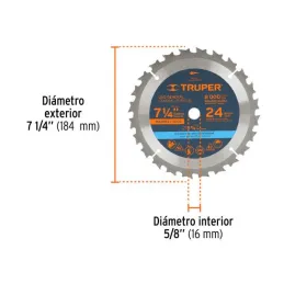  Discos Sierra para Madera 7 1/4" Centro 5/8", 24 Dientes de carburo de tungsteno, ST-724 18300 Truper 19.491525 Discos Sierra p