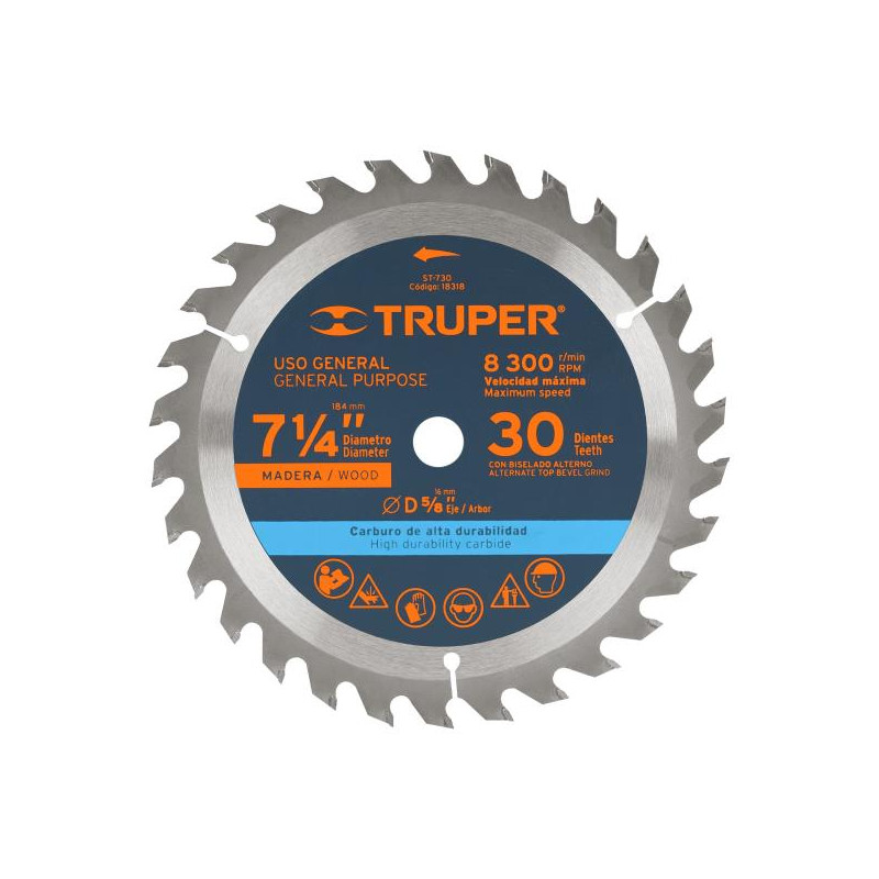  Discos Sierra para Madera 7 1/4" Centro 5/8", 30 Dientes de carburo de tungsteno, ST-730 18318 Truper 19.491525 Discos Sierra p