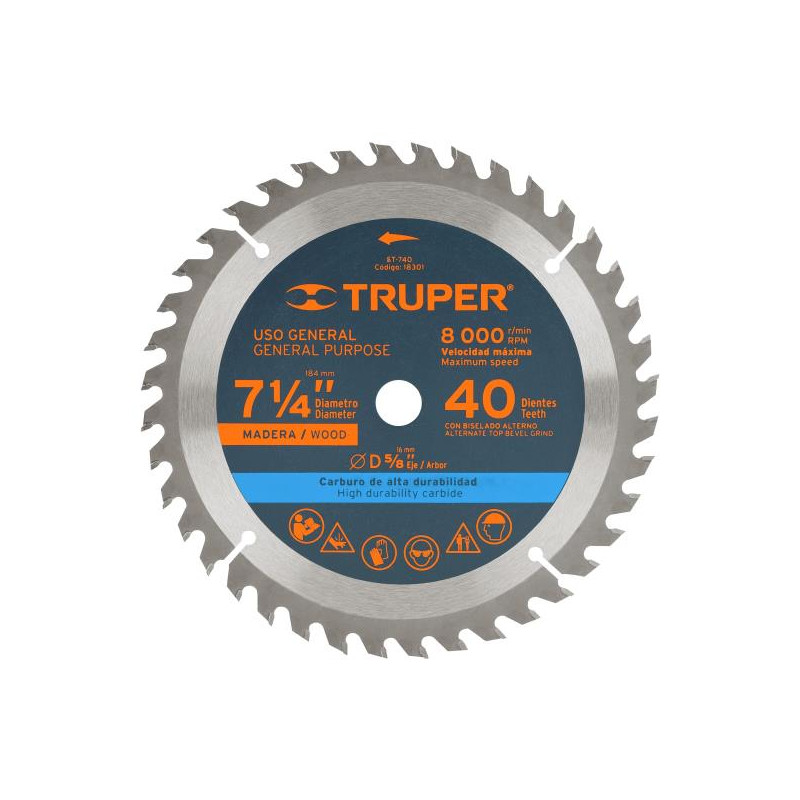  Discos Sierra para Madera 7 1/4" Centro 5/8", 40 Dientes de carburo de tungsteno, ST-740 18301 Truper 21.186441 Discos Sierra p