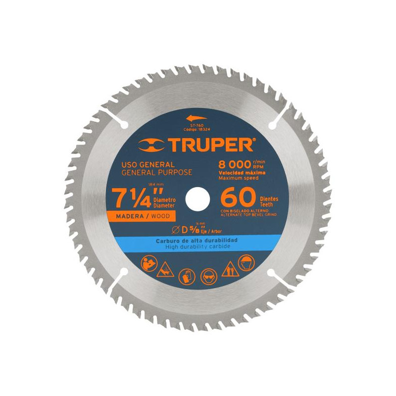  Discos Sierra para Madera 7 1/4" Centro 5/8", 60 Dientes de carburo de tungsteno, ST-760 18324 Truper 24.576271 Discos Sierra p