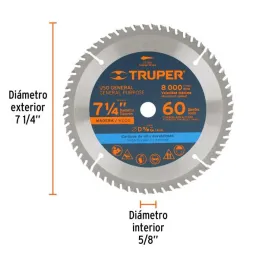  Discos Sierra para Madera 7 1/4" Centro 5/8", 60 Dientes de carburo de tungsteno, ST-760 18324 Truper 24.576271 Discos Sierra p