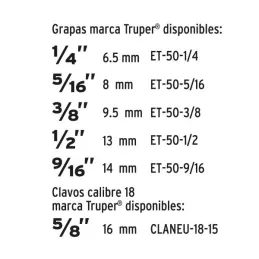  Engrapadora Clavadora Tipo Pistola 1/4 5/16 3/8 1/2 9/16" Clavos 5/8" C18, ET-50X 17981 Truper 79.661017 Engrapadora Clavadora 