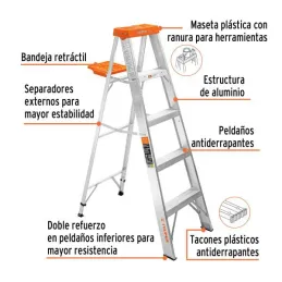  Escaleras Tijera 4 Peldaños con Bandeja T2 Max2.7m P5.1kg EAluminio, Truper 10264 208.474576 Escaleras Tijera 4 Peldaños con Ba
