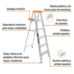  Escaleras Tijera 5 Peldaños con Bandeja T2 Max3m P5.7kg EAluminio, Truper 10335 224.576271 Escaleras Tijera 5 Peldaños con Band