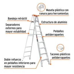  Escaleras Tijera 8 Peldaños con Bandeja T2 Max4m P9.5kg EAluminio, Truper 10338 357.627119 Escaleras Tijera 8 Peldaños con Band