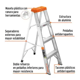 Escaleras de Tijera 4 Peldaños T2 Max2.4m P4kg Aluminio, Truper 10435 157.627119 Escaleras de Tijera 4 Peldaños T2 Max2.4m P4kg