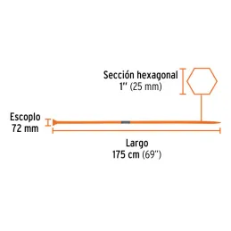  Barretas de Punta 1" x175cm 7kg E72mm Hexagonal Truper 10762 81.355932 Barreta Hexagonal de Punta 1" x 175cm, Escoplo 72mm, Tru
