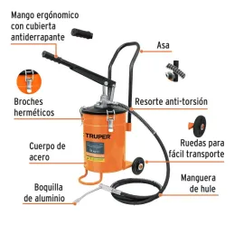  Bomba Inyectora de grasa 5800 PSI 10kg. Alta Presion, Flujo 3.1g Manguera 1/4" Cubeta 22x30cm, BOMIN-10 16867 Truper 350.847458