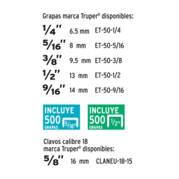  Engrapadora Clavadora Tipo Pistola ET-50 1/4 5/16 3/8 1/2 9/16" Clavos 5/8" C18 inc 2grapas, ET-50 17964 Truper 66.949153 Engra