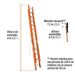  Escaleras Telescopicas 24 Peldaños T2 Max7m P21kg FibraVidrio, Truper 16757 1057.627119 Escaleras Telescopicas 24 Peldaños T2 M