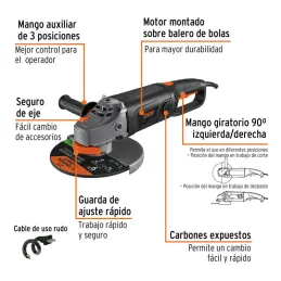  Esmeriladora angular 9" Industrial, 2000W 6200RPM Mango Ergonomico con Disco y Carbon de Rpsto, ESMA-9N3-2 18295 Truper 292.372