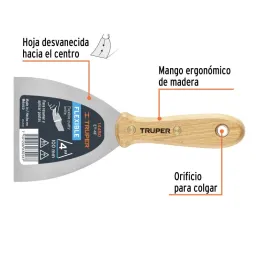  Espatula Flexible 4" Mango de Madera, acero alto carbono, Hoja Desbastada y Templada, ET-4F 14450 Truper 8.220339 Espatula Flex