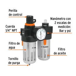  Filtro de Limpieza y Lubricacion, Elimina contaminantes Solido y Liquidos Max 140 PSI, 1/4 NPT, UNI-LL-1/4 19238 Truper 93.2203