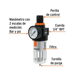  Filtro y Regulador de Aire, Elimina Contaminantes Solido y liquidos, Max Presion 140 PSI, 1/4 NPT, FIRE-1/4 18238 Truper 57.627