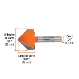  Fresas Corte V 7/8" x18mm Truper 11467 13.983051 Fresas Corte V 7/8" x18mm Truper 11467

Cuerpo de acero al cromo y cuchilla de
