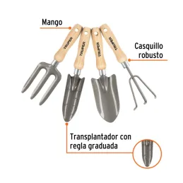  Juego de 4 Herramientas para Jardin 6 Pulgadas, Transplantador, cuchara, bieldo, cultivador, JJ-4 15030 Truper 26.271186 Juego 