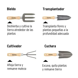  Juego de 4 Herramientas para Jardin 6 Pulgadas, Transplantador, cuchara, bieldo, cultivador, JJ-4 15030 Truper 26.271186 Juego 