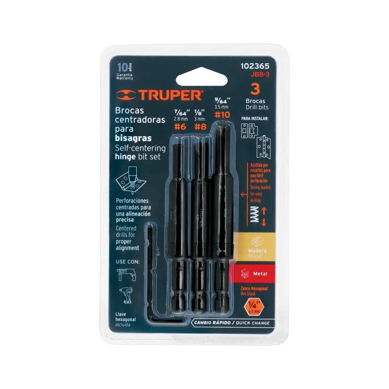  Juego de Brocas Centradoras 3Piezas para Bisagras Z1/4 Truper 102365 17.79661 Juego de Brocas Centradoras 3Piezas para Bisagras