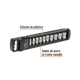  Juego de dados 10 Piezas cortos Milimetrico 5 mm a 14 mm, Encastre 1/4", acero al cromo vanadio, JD-1/4X10M 14166 Truper 24.576