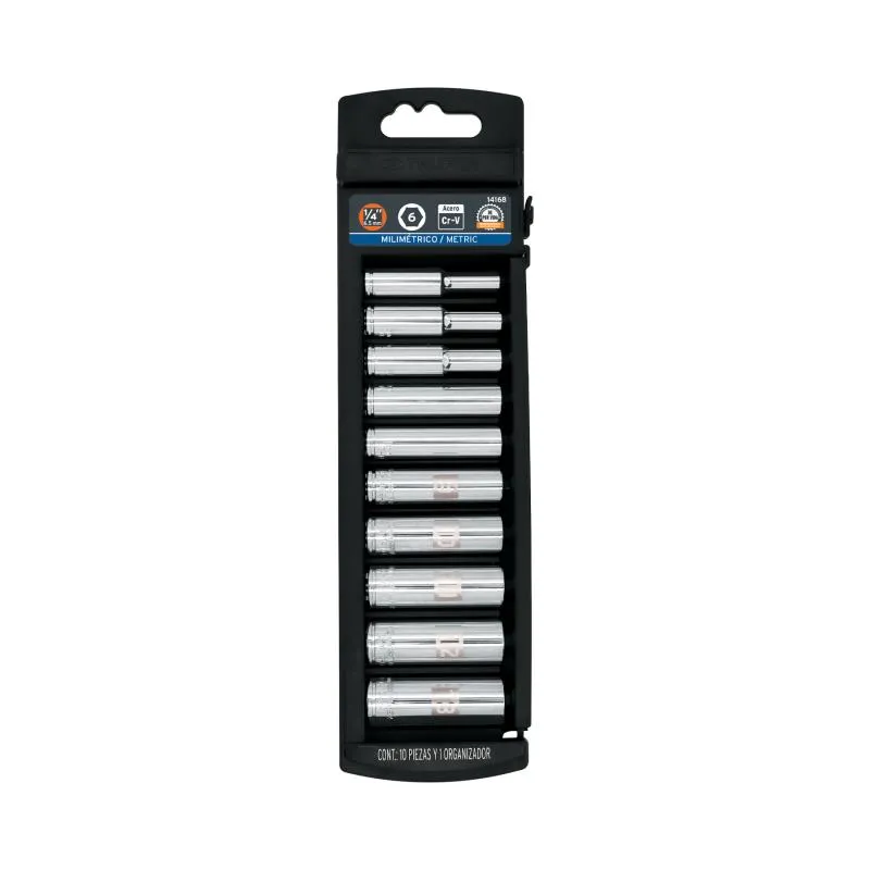  Juego de dados 10 Piezas Tubulares Milimetrico 4 mm a 13 mm, Encastre 1/4", acero al cromo vanadio, JD-1/410LM 14168 Truper 36.