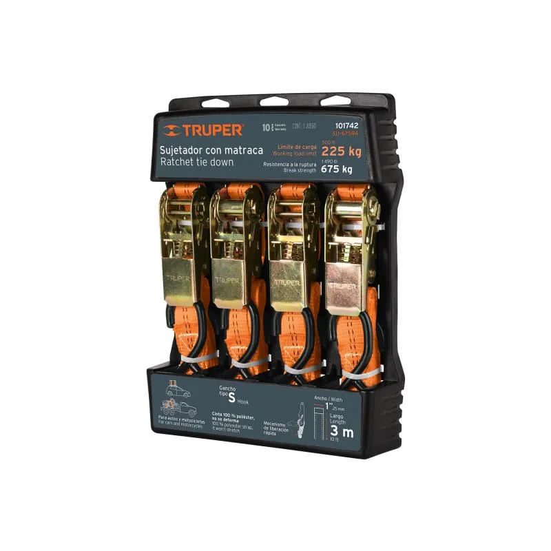 Juego de sujetadores c/matraca 675kg 4Piezas GanchoS, Truper 101742 - Truper 1