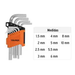  Juegos de 10 Llaves Allen MM PuntaHexagonal Truper 15536 10.762712 Juego Llaves Allen 10 Piezas Milimetricas con Organizador, A
