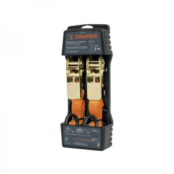  Sujetadores de Carga con Ratchet, Carga Maxima 675kg, ideal para Autos y Motocicletas, SU-675R 19281 Truper 23.728814 Sujetador