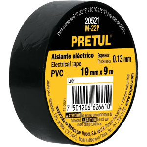Cinta Aislantes 19mm x9m Negro acrilico E0.13mm, Flexible Pretul 20521