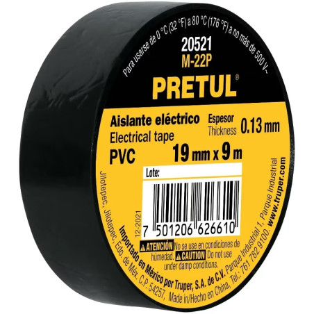 Cinta Aislantes 19mm x9m Negro acrilico E0.13mm, Flexible Pretul 20521