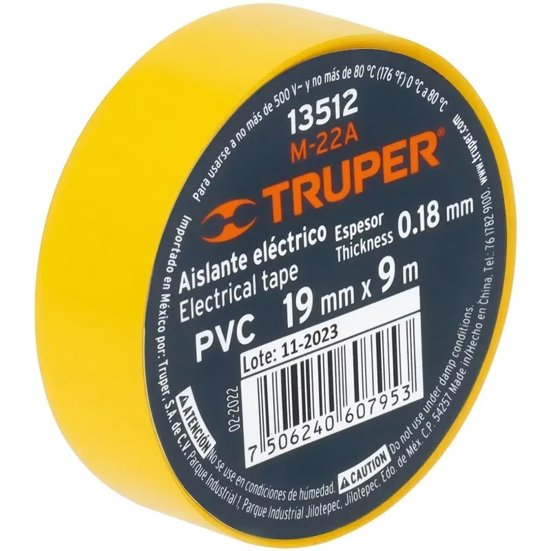 Cinta Aislantes 19mm x9m Amarillo acrilico E0.18mm Flexible Encogible Truper 13512