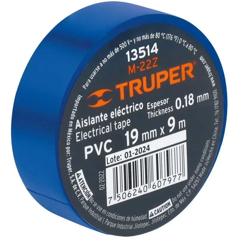 Cinta Aislantes 19mm x9m Azul acrilico E0.18mm Flexible Encogible Truper 13514