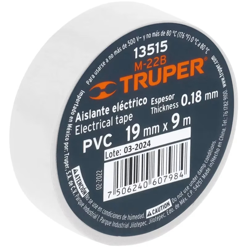 Cinta Aislantes 19mm x9m Blanco acrilico E0.18mm Flexible Encogible Truper 13515