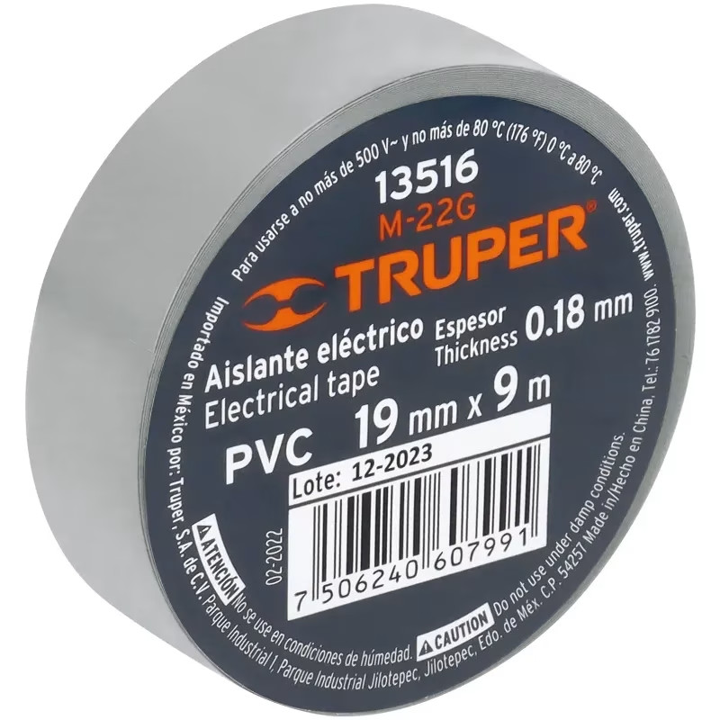 Cinta Aislantes 19mm x9m Gris Acrilico E0.18mm Flexible Encogible Truper 13516