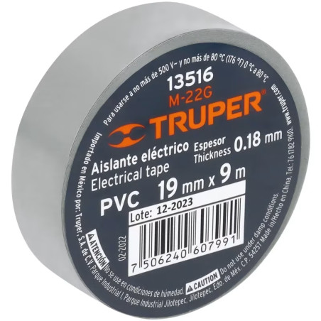 Cinta Aislantes 19mm x9m Gris Acrilico E0.18mm Flexible Encogible Truper 13516
