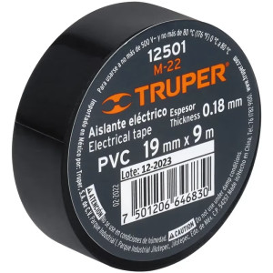 Cinta Aislantes 19mm x9m Negro acrilico E0.18mm Flexible Encogible Truper 12501