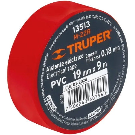 Cinta Aislantes 19mm x9m Rojo acrilico E0.18mm Flexible Encogible Truper 13513