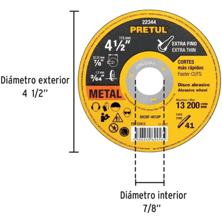 Discos Corte Metal 4 1/2" x1.2mm T41 OxidoAlumino, DICOF-4512P Pretul 22344