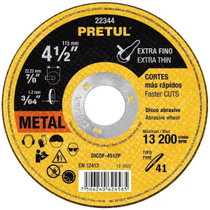 Discos Corte Metal 4 1/2" x1.2mm T41 OxidoAlumino, DICOF-4512P Pretul 22344