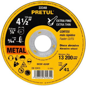 Discos Corte Metal 4 1/2" x1mm T41 OxidoAlumino, DICOF-4510P Pretul 22348