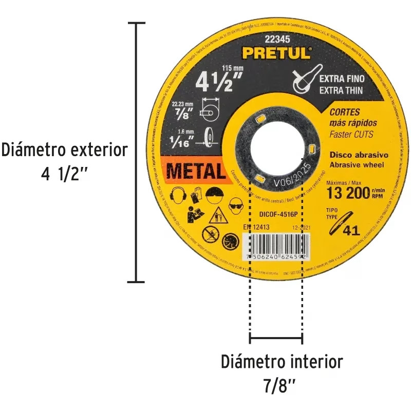 Discos Corte Metal 4 1/2" x1.6mm T41 OxidoAlumino, DICOF-4516P Pretul 22345